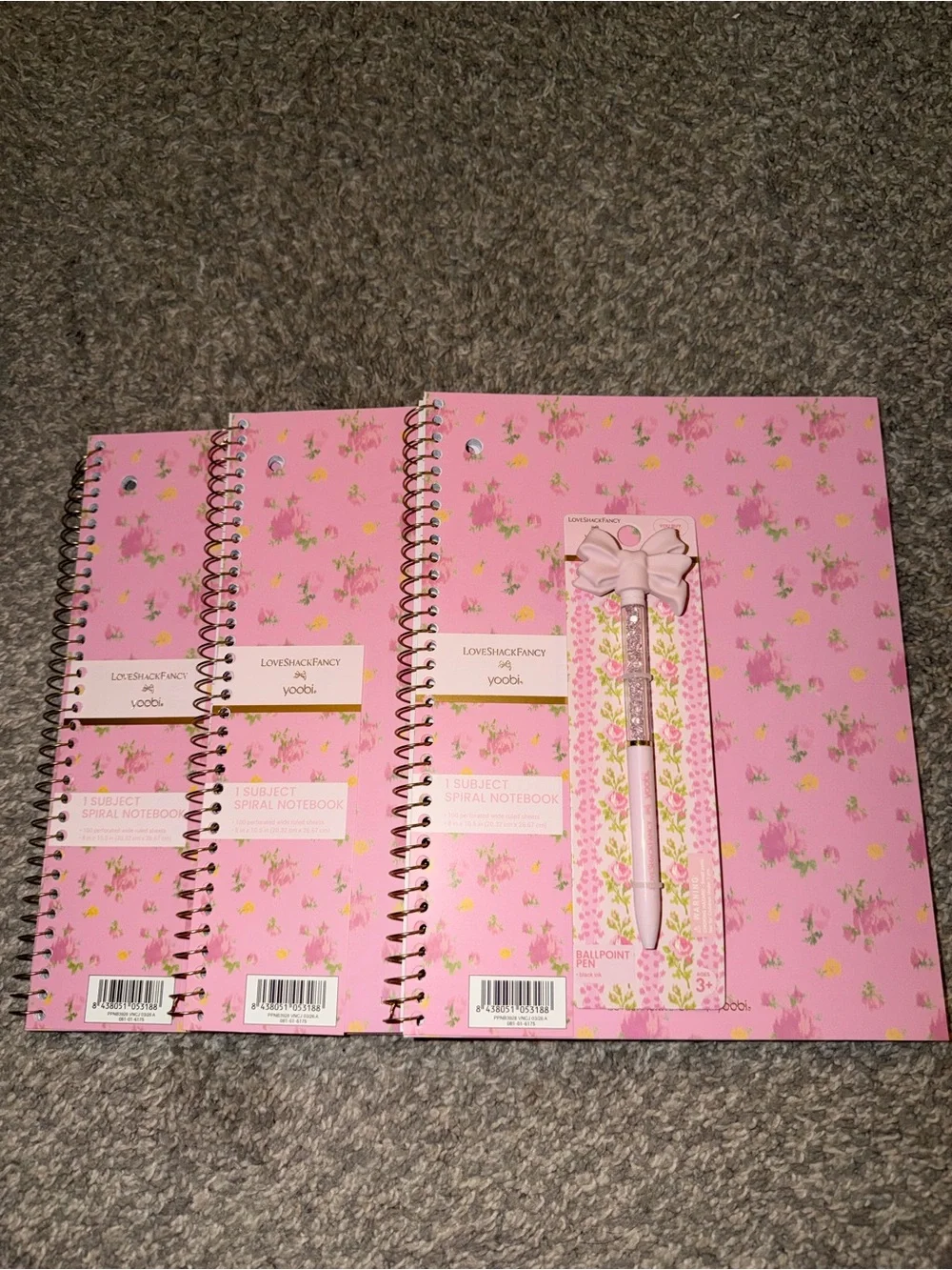 LoveShackFancy x Yoobi Pink Floral Spiral Notebook Set of 3 With Pink Bow Pen